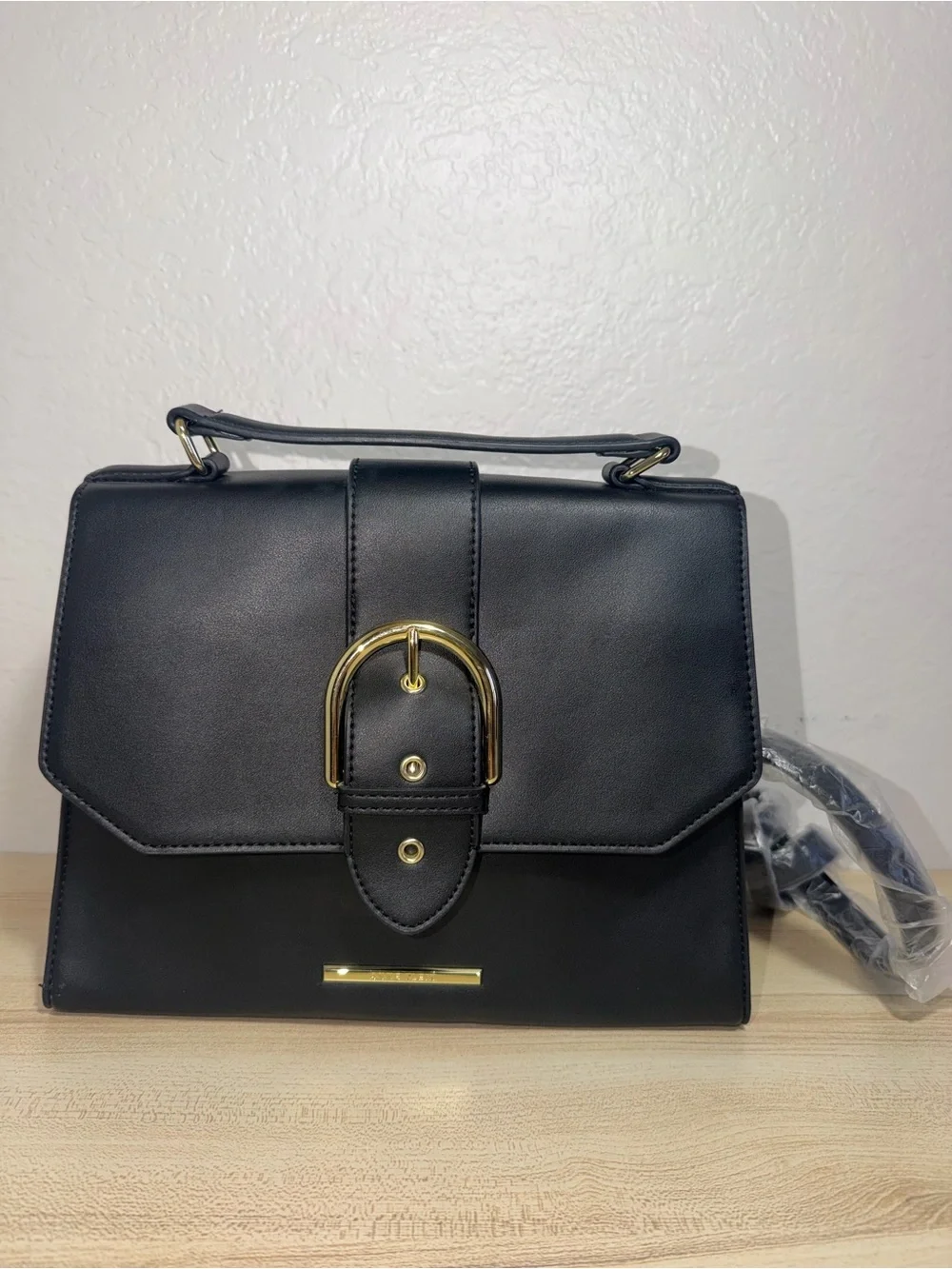 NWOT Anne Klein Black Satchel Crossbody Shoulder Bag Purse Gold Buckle